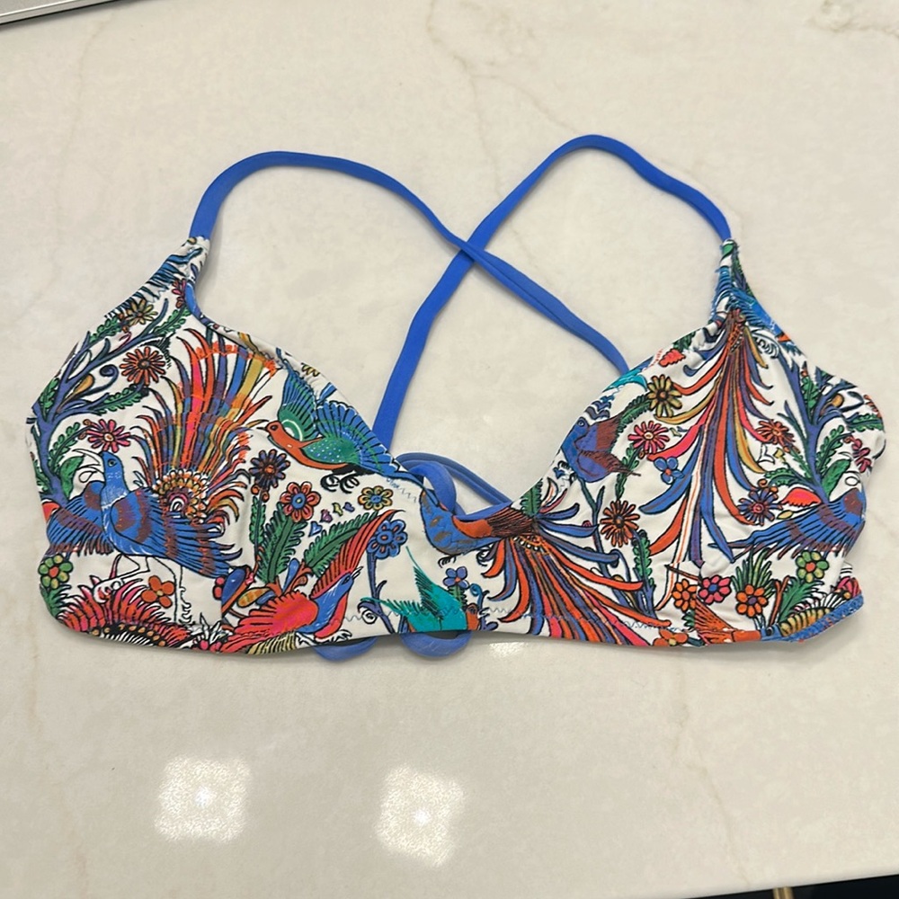 Anthropologie Bikini Top. Bird print. Medium. Cross back w/ tie. See dscription